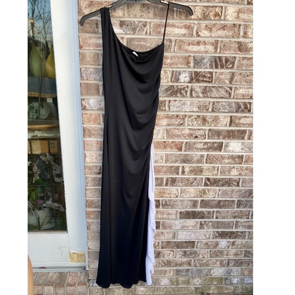 Y2K Black & White Ruffle Rhinestone Goth Prom Dress - Picture 7 of 10